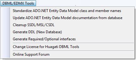 Huagati EDMX Tools adds a DBML/EDMX Tools dropdown menu to Visual Studio 2008's menu bar