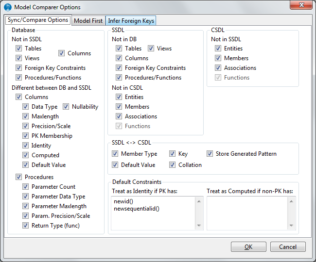 The Model Comparer's options dialog